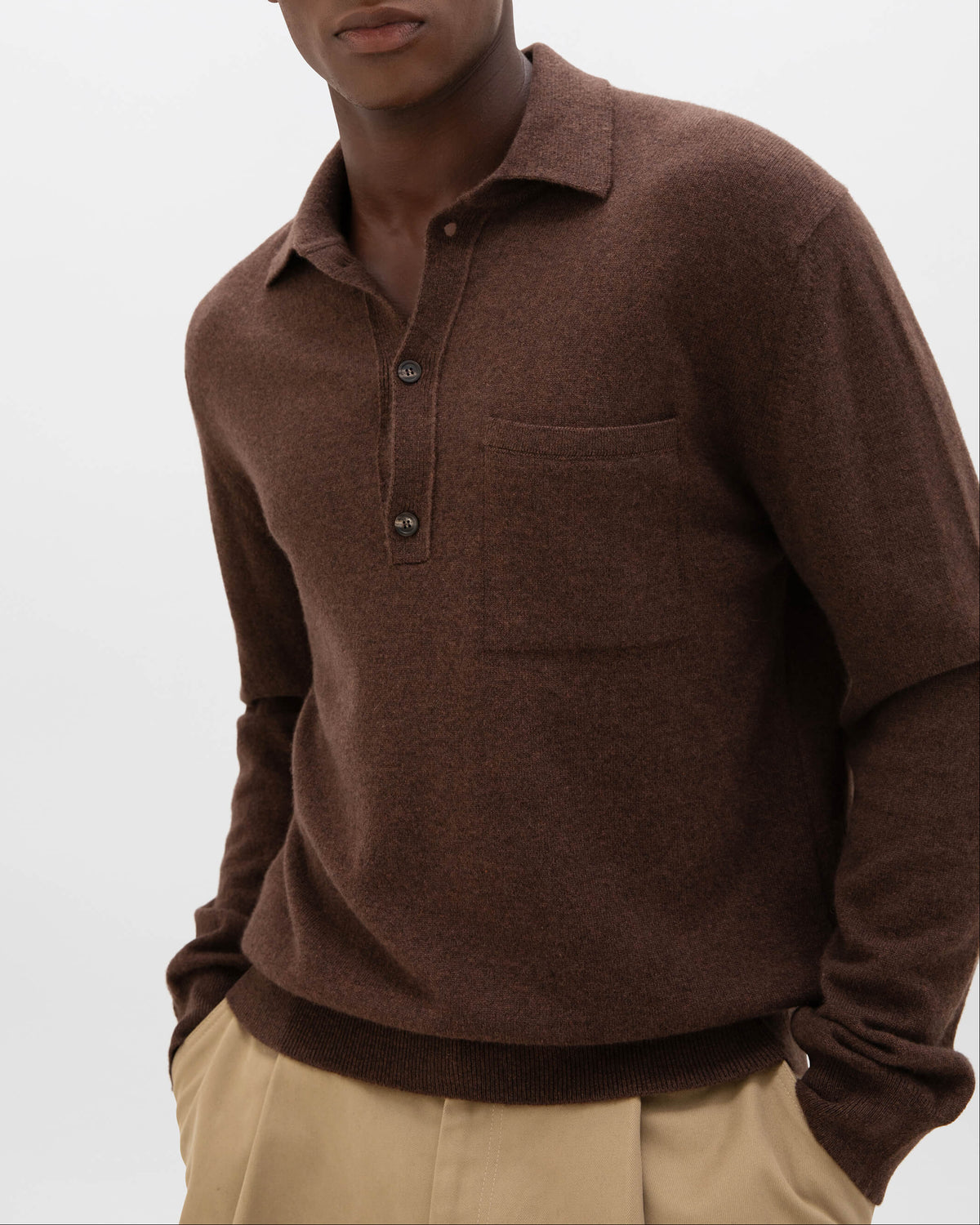 Johnstons of Elgin AW24 Men's Cashmere Long Sleeve Poloshirt in Olive KAP05268Q24538