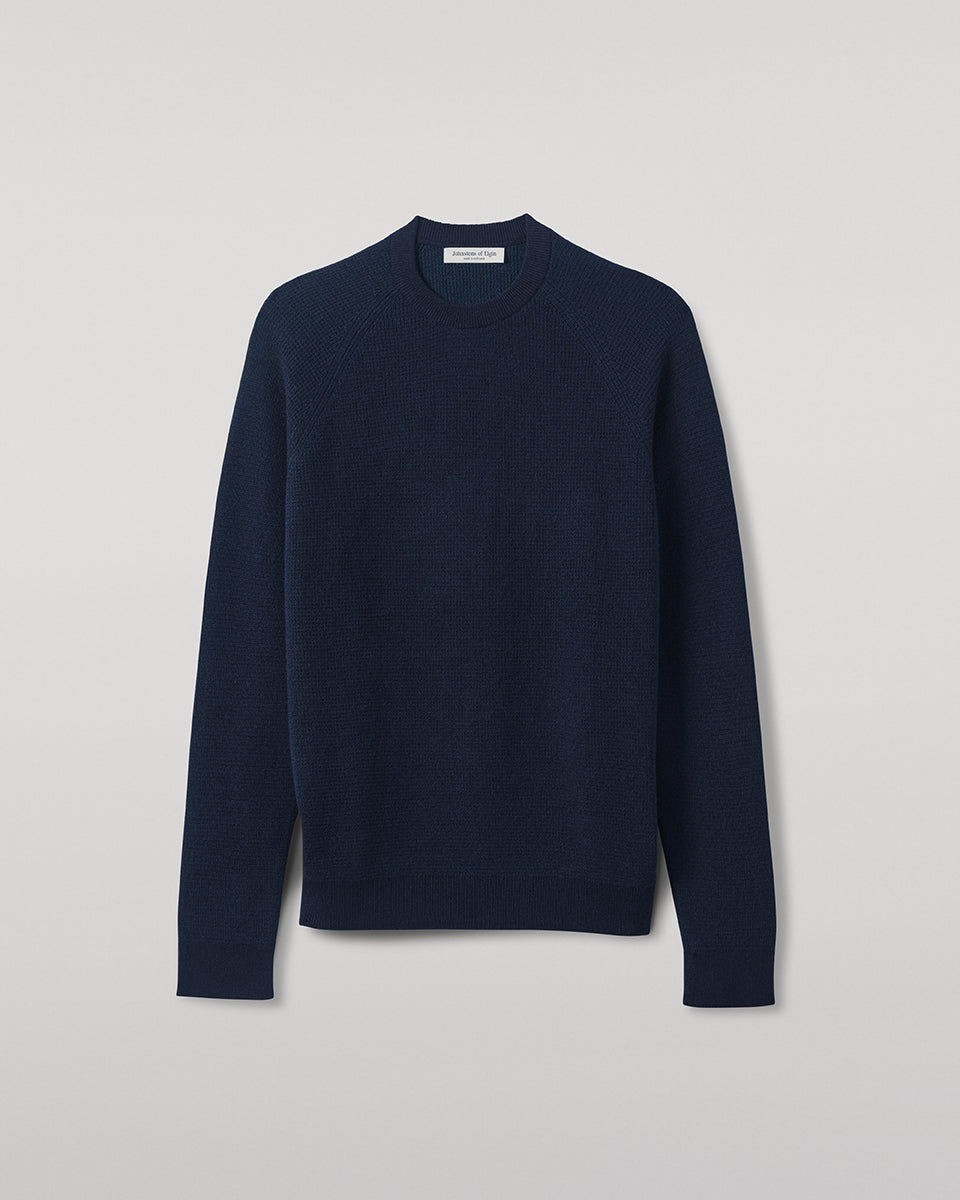 Johnstons of Elgin AW25 Men's Knitwear Dark Navy & Bottle Green Waffle Stitch Navy Cashmere Jumper KAP05441Q25352