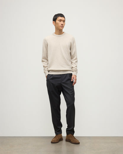 MENS RORY CREW CLASSIC JUMPER NATURAL 100% CASHMERE, BY JOHNSTONS OF ELGIN, WORN WITH GREY TROUSERS AND BROWN LAOFERS KAP05471HA0402