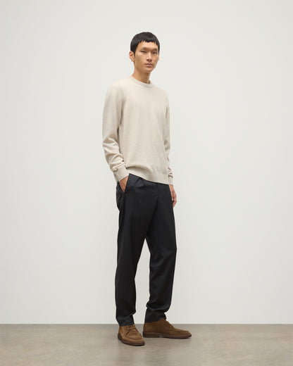 MENS RORY CREW CLASSIC JUMPER NATURAL 100% CASHMERE, BY JOHNSTONS OF ELGIN, WORN WITH GREY TROUSERS AND BROWN LAOFERS KAP05471HA0402