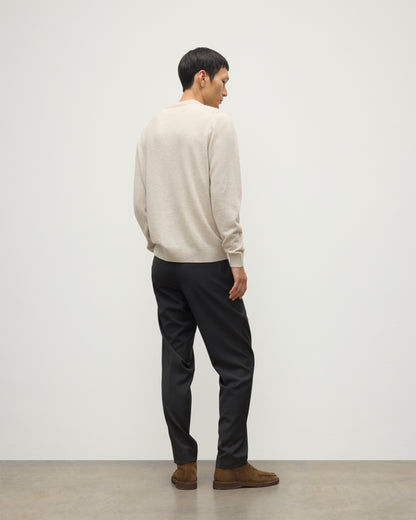 MENS RORY CREW CLASSIC JUMPER NATURAL 100% CASHMERE, BY JOHNSTONS OF ELGIN, WORN WITH GREY TROUSERS AND BROWN LAOFERS KAP05471HA0402