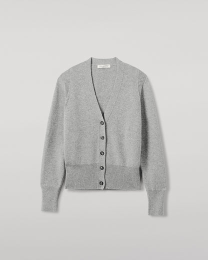 Model wears Johnstons of Elgin  Women's Knitwear Light Grey Milano Stitch Grey Cashmere Cardigan Front View KAP05489HA0308