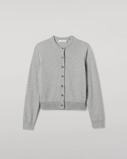 Johnstons of Elgin AW25 Women's Knitwear Light Grey Classic Cashmere Grey Cardigan Close Up KAP05573HA0308