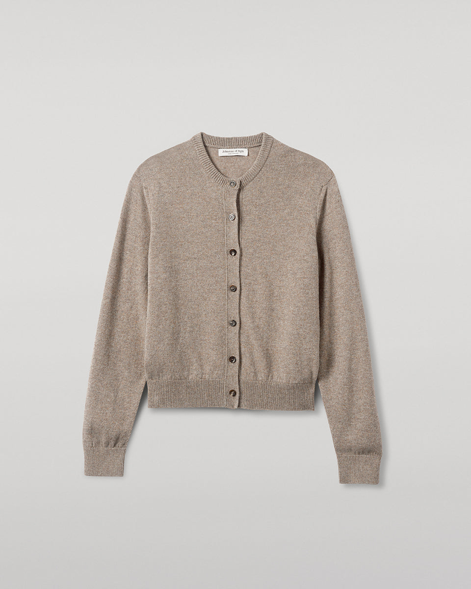 Johnstons of Elgin AW25 Women's Knitwear Ash Classic Cashmere Brown Cardigan Close Up KAP05573HB4334