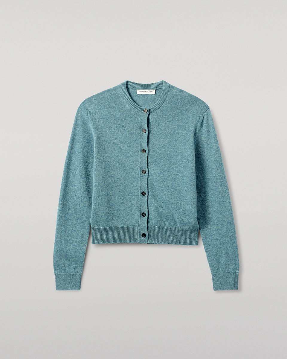 Johnstons of Elgin AW25 Women's Knitwear Seascape Classic Cashmere Green Cardigan Close Up KAP05573HC0038