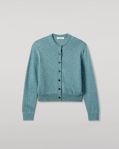 Johnstons of Elgin AW25 Women's Knitwear Seascape Classic Cashmere Green Cardigan Close Up KAP05573HC0038