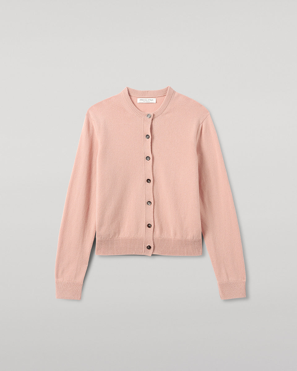 Johnstons of Elgin AW25 Women's Knitwear Nude Classic Cashmere Pink Cardigan Close Up KAP05573SE0740
