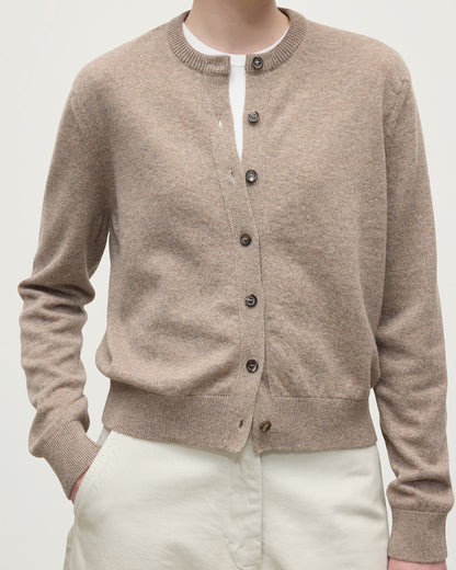 Model wears Johnstons of Elgin AW25 Women's Knitwear Ash Classic Cashmere Brown Cardigan Close Up KAP05573HB4334