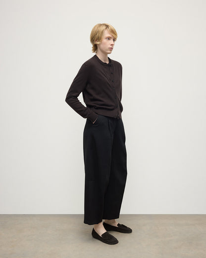 Model wears Johnstons of Elgin AW25 Women's Knitwear Molasses Classic Cashmere Brown Cardigan Side KAP05573SB7290