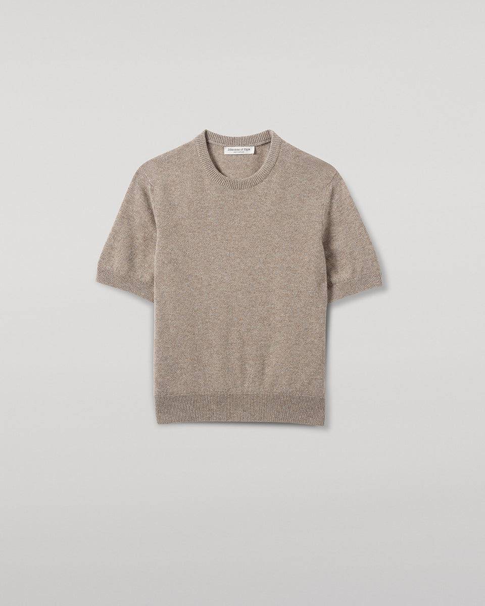 Johnstons of Elgin AW25 Women's Knitwear Ash Classic Cashmere Brown T-shirt details KAP05574HB4334