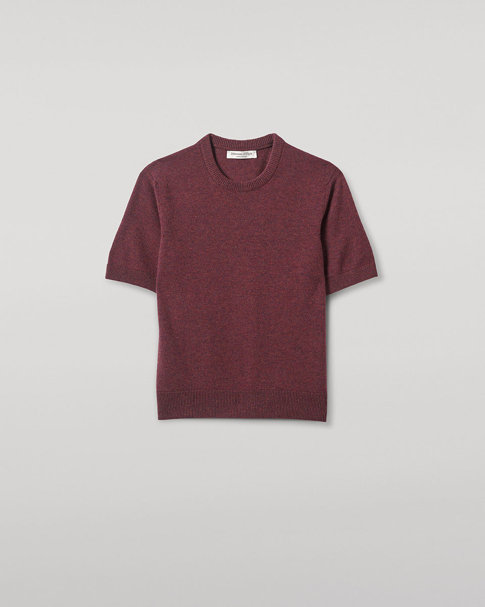 Johnstons of Elgin AW25 Women's Knitwear Damson Classic Cashmere Purple T-shirt Close Up KAP05574HE7064