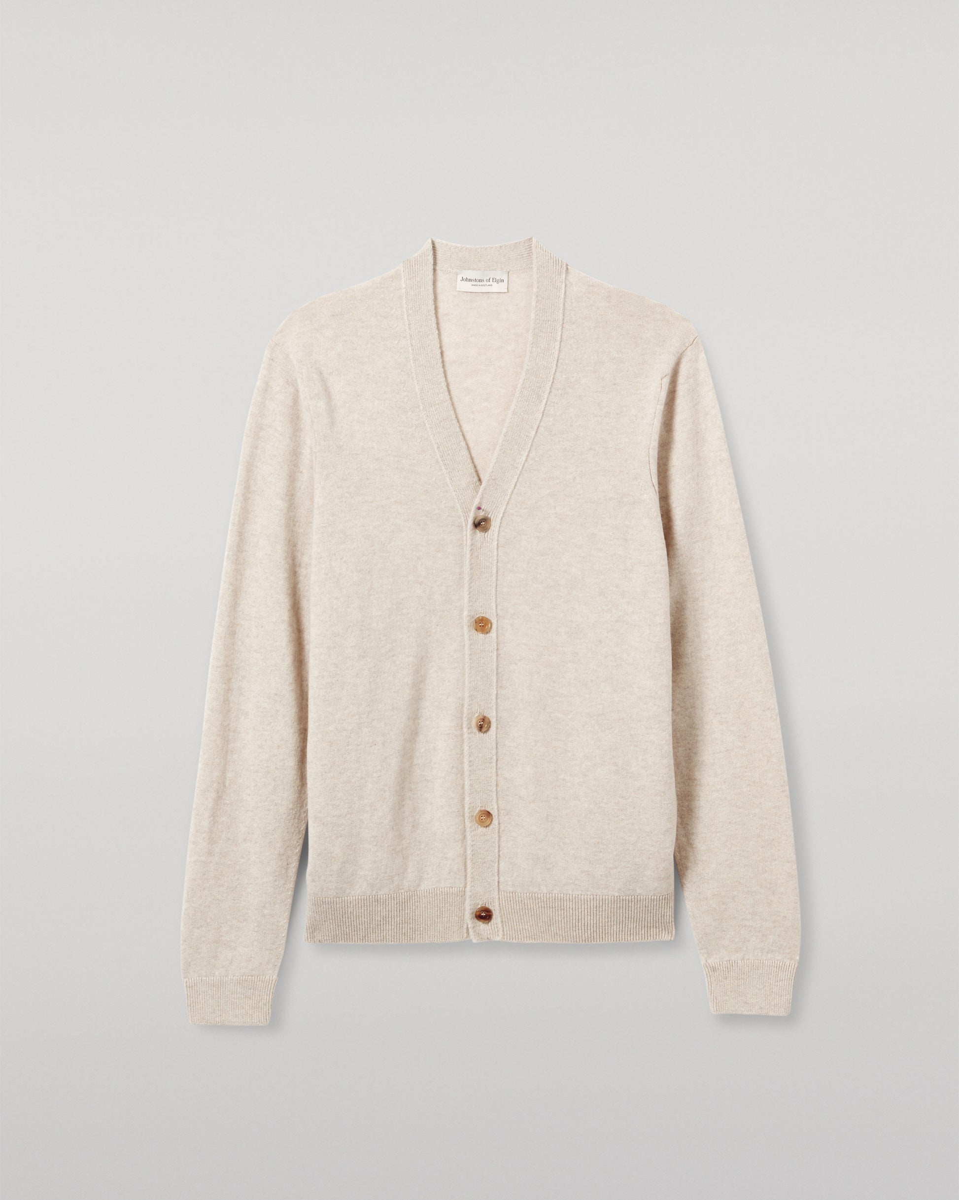 JOHNSTONS OF ELGIN MENS RORY VEE NECK CLASSIC CARDIGAN NATURAL 100% CASHMERE KAP05576HA0402