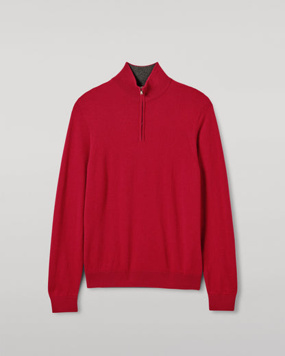 MENS RORY CLASSIC HALF ZIP SWEATER CONTRAST TRIM RED & GREY 100% CASHMERE BY JOHNSTONS OF ELGIN KAP05577Q26186