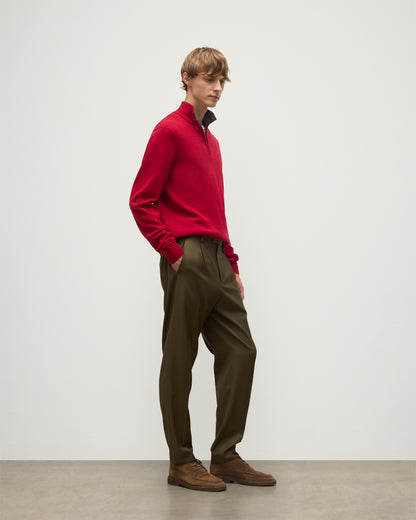 MENS RORY CLASSIC HALF ZIP SWEATER CONTRAST TRIM RED & GREY 100% CASHMERE BY JOHNSTONS OF ELGIN OVER A WHITE T-SHIRT AND OLIVE GREEN TROUSERS KAP05577Q26186