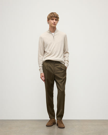 MODEL WEARING JOHNSTONS OF ELGIN MENS RORY CLASSIC HALF ZIP CLASSIC SWEATER 100% CASHMERE WITH OLIVE GREEN TROUSERS KAP05695HA0402