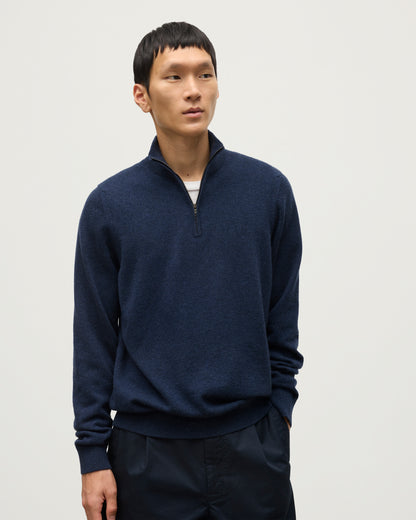 MODEL WEARS JOHNSTONS OF ELGIN MENS RORY CLASSIC HALF ZIP CLASSIC SWEATER 100% CASHMERE KAP05695HD7350