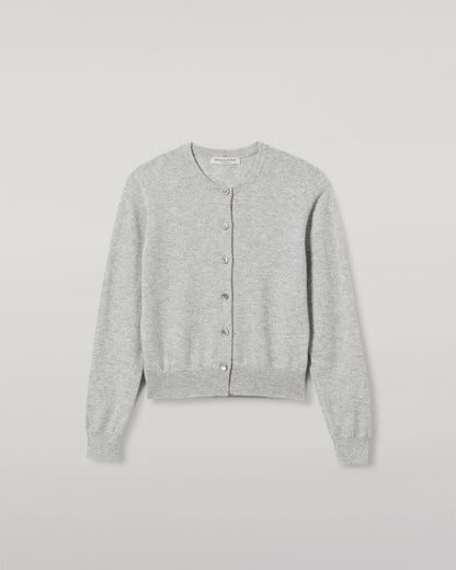 JOHNSTONS OF ELGIN WOMENS IRIS CLASSIC CREW CARDIGAN GREY WITH GREY TROUSERS AND TRAINERS  100% CASHMERE KAP05704HA0399
