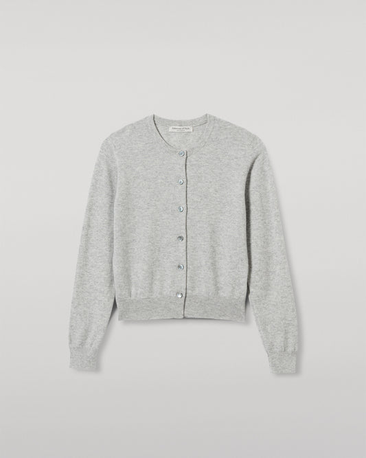 JOHNSTONS OF ELGIN WOMENS IRIS CLASSIC CREW CARDIGAN GREY WITH GREY TROUSERS AND TRAINERS  100% CASHMERE KAP05704HA0399