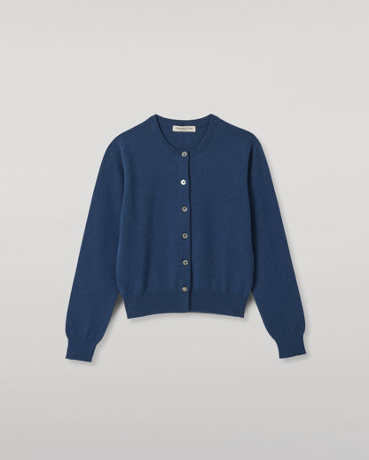 JOHNSTONS OF ELGIN IRIS CREW CARDIGAN PETITE CASHMERE ROUND NECK CARDIGAN - 2 PLY BLUE 100% CASHMERE KAP05704SD5369