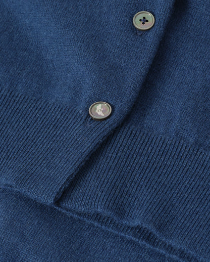 JOHNSTONS OF ELGIN IRIS CREW CARDIGAN PETITE CASHMERE ROUND NECK CARDIGAN - 2 PLY BLUE 100% CASHMERE KAP05704SD5369
