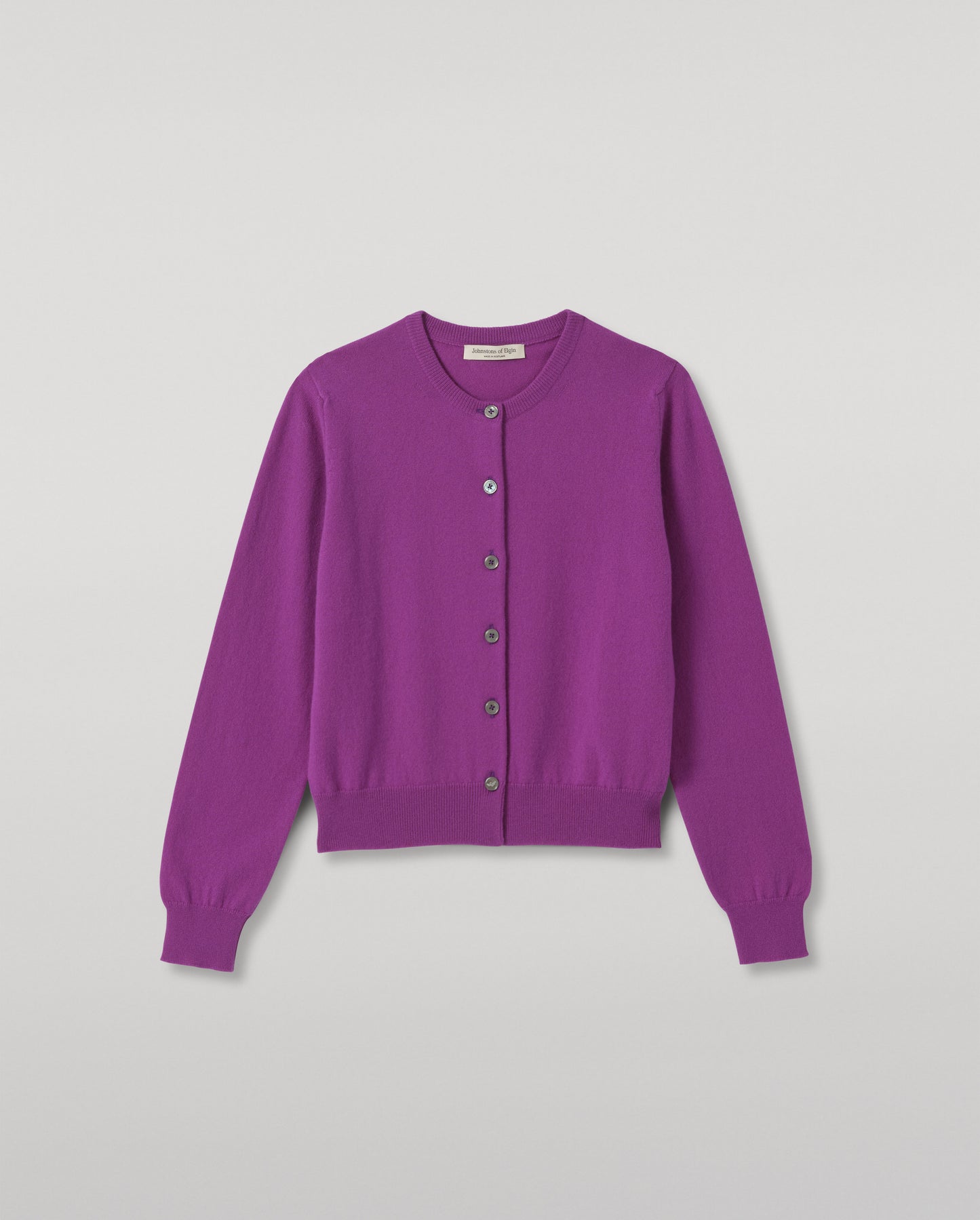 JOHNSTONS OF ELGIN IRIS CREW CARDIGAN PETITE CASHMERE ROUND NECK CARDIGAN - 2 PLY PURPLE 100% CASHMERE KAP05704SD5371