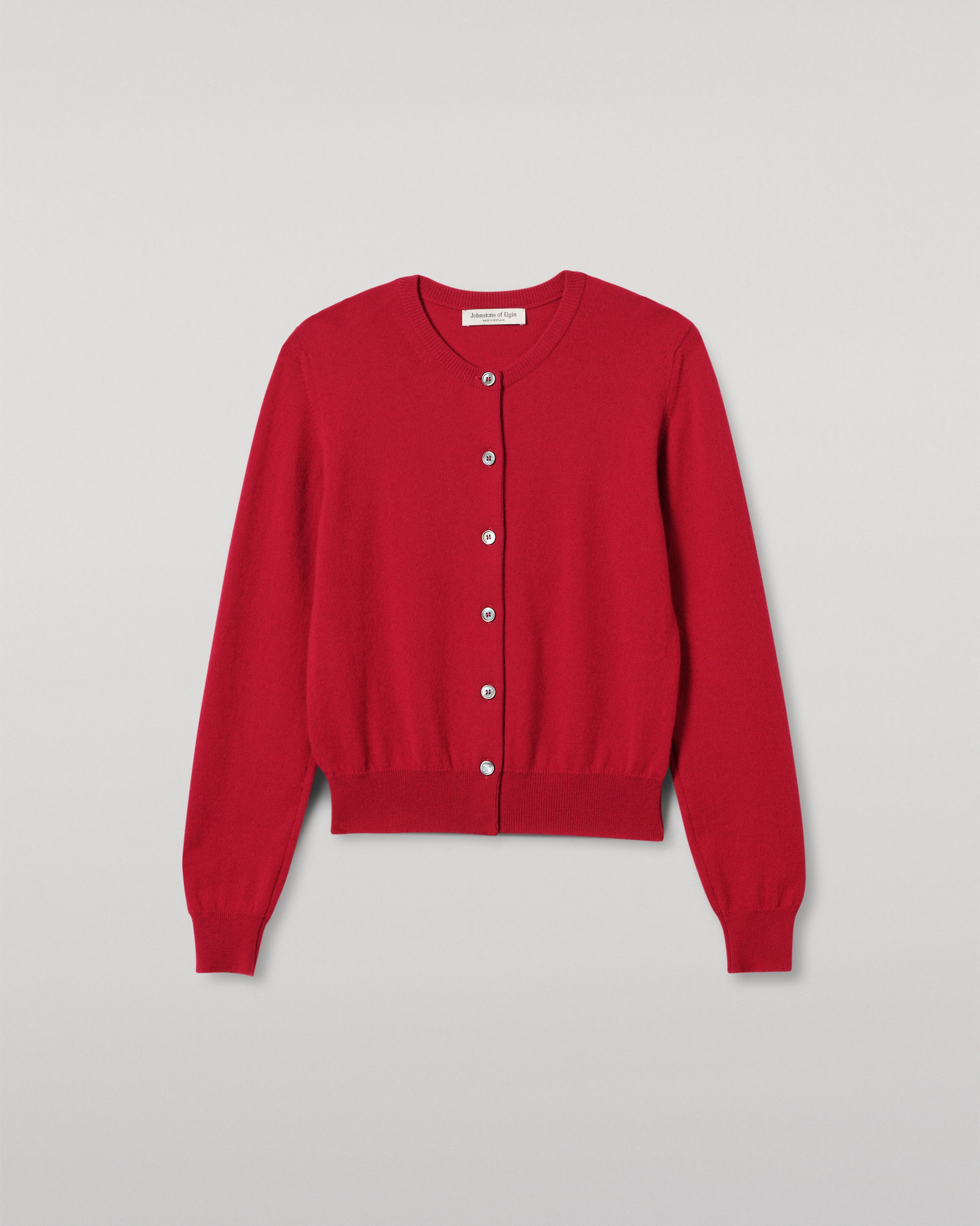 JOHNSTONS OF ELGIN WOMENS IRIS CLASSIC CREW CARDIGAN RED 100% CASHMERE KAP05704SE5325