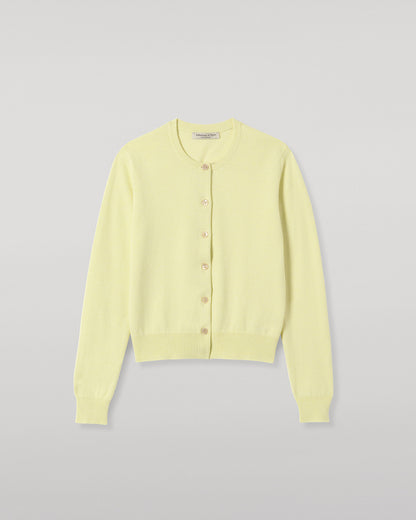 JOHNSTONS OF ELGIN IRIS CREW CARDIGAN PETITE CASHMERE ROUND NECK CARDIGAN - 2 PLY LIGHT YELLOW 100% CASHMERE KAP05704HF0025