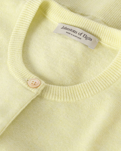 JOHNSTONS OF ELGIN IRIS CREW CARDIGAN PETITE CASHMERE ROUND NECK CARDIGAN - 2 PLY LIGHT YELLOW 100% CASHMERE KAP05704HF0025