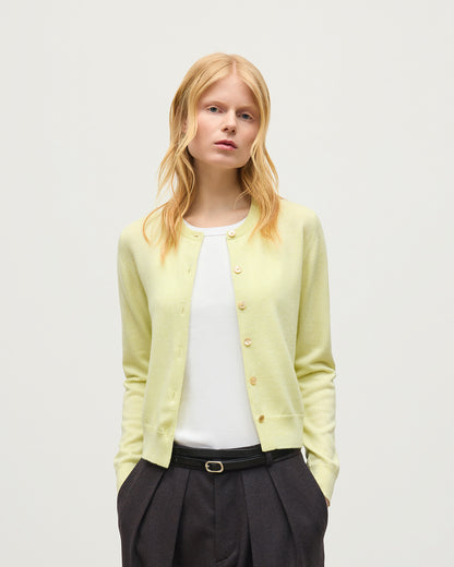JOHNSTONS OF ELGIN IRIS CREW CARDIGAN PETITE CASHMERE ROUND NECK CARDIGAN - 2 PLY LIGHT YELLOW 100% CASHMERE KAP05704HF0025