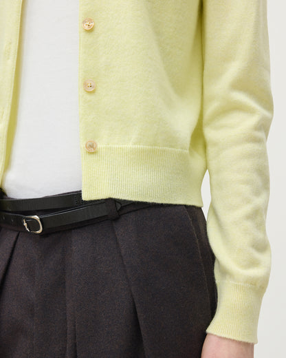 JOHNSTONS OF ELGIN IRIS CREW CARDIGAN PETITE CASHMERE ROUND NECK CARDIGAN - 2 PLY LIGHT YELLOW 100% CASHMERE KAP05704HF0025