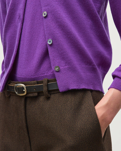 JOHNSTONS OF ELGIN IRIS CREW CARDIGAN PETITE CASHMERE ROUND NECK CARDIGAN - 2 PLY PURPLE 100% CASHMERE KAP05704SD5371