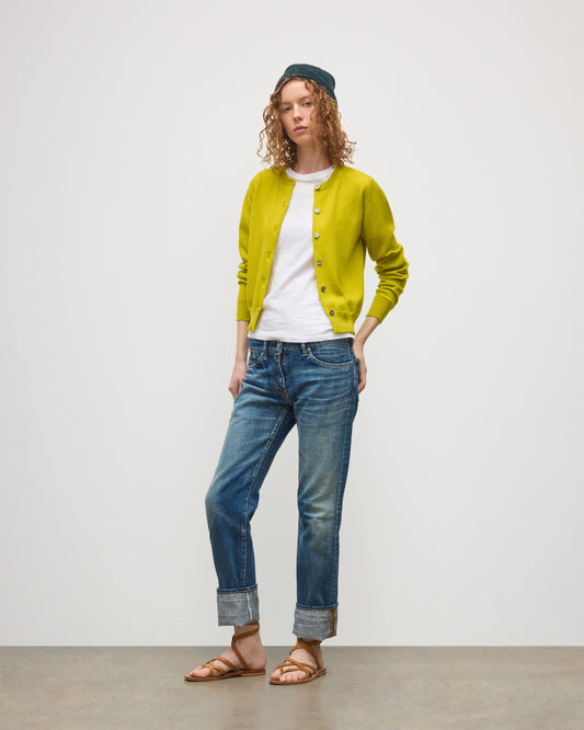 JOHNSTONS OF ELGIN WOMENS IRIS CLASSIC CREW CARDIGAN YELLOW 100% CASHMERE KAP05704SC4716