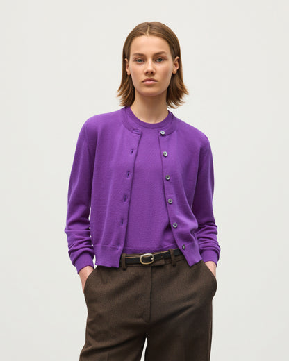JOHNSTONS OF ELGIN IRIS SLEEVELESS CREW PETITE CASHMERE ROUND NECK TANK - 2 PLY PURPLE WITH MATCHING CARDIGAN 100% CASHMERE KAP05705SD5371