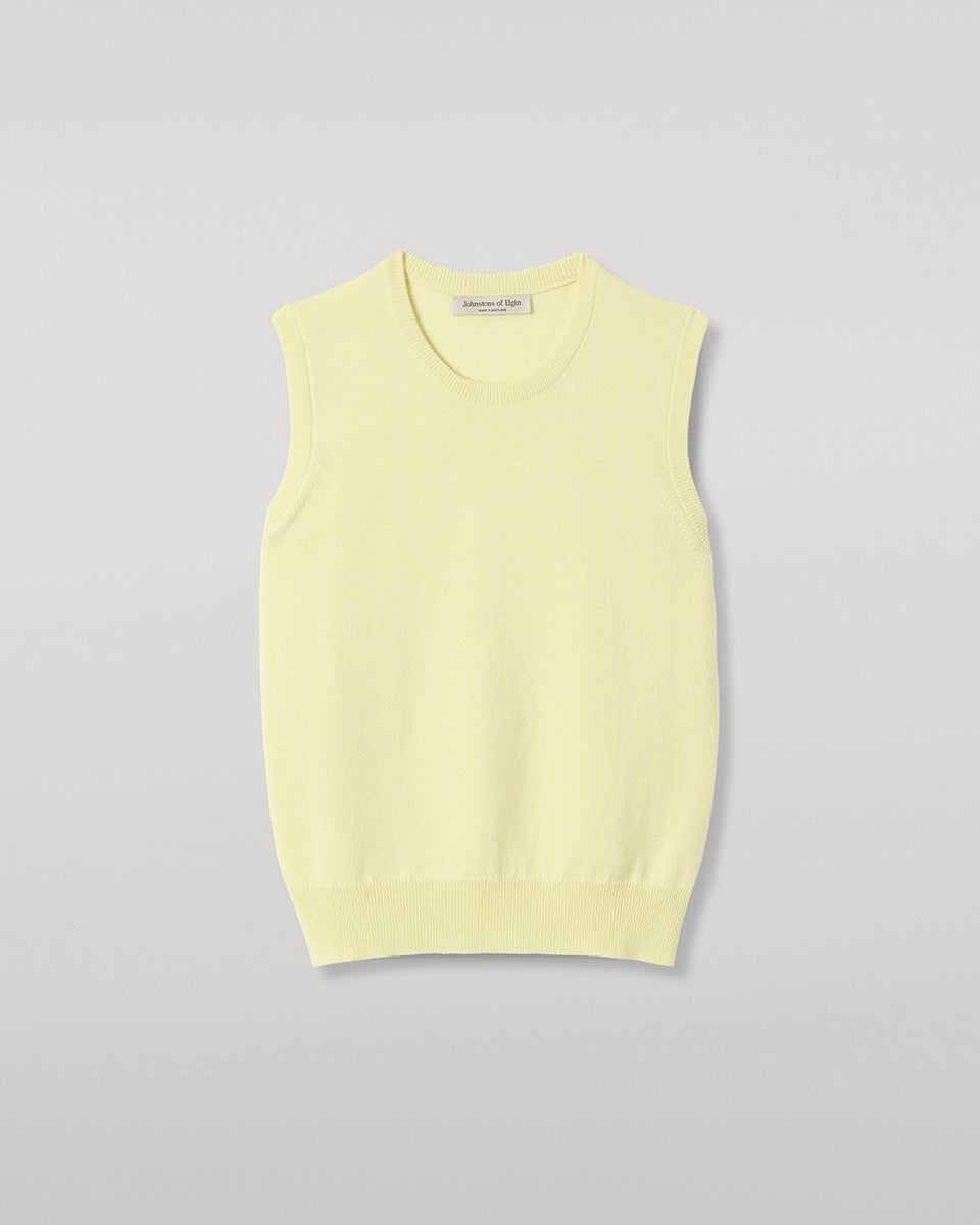 JOHNSTONS OF ELGIN IRIS SLEEVELESS CREW PETITE CASHMERE ROUND NECK TANK - 2 PLY LIGHT YELLOW 100% CASHMERE KAP05705HF0025