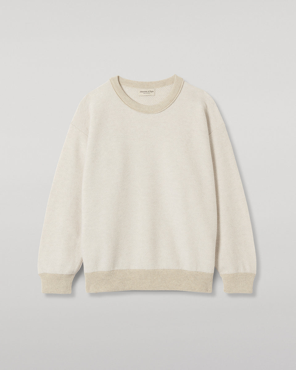 JOHNSTONS OF ELGIN LIDDELL SWEATSHIRT CASHMERE REVERSE TWILL STITCH SWEATSHIRT - 2 PLY NATURAL & WHITE 100% CASHMERE KAP05725Q26493