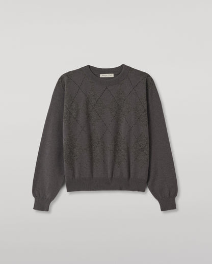 JOHNSTONS OF ELGIN CLAN SLOUCH SWEATER CASHMERE ARGYLE INTARSIA ROUND NECK SLOUCH SWEATER - 2 PLY GREY 100% CASHMERE KAP05732JU1655