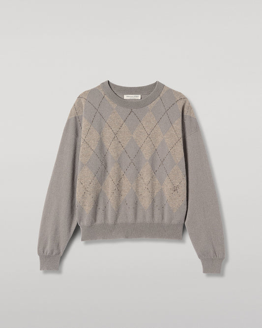 JOHNSTONS OF ELGIN CLAN SLOUCH SWEATER CASHMERE ARGYLE INTARSIA ROUND NECK SLOUCH SWEATER - 2 PLY GREY 100% CASHMERE KAP05732JU1656