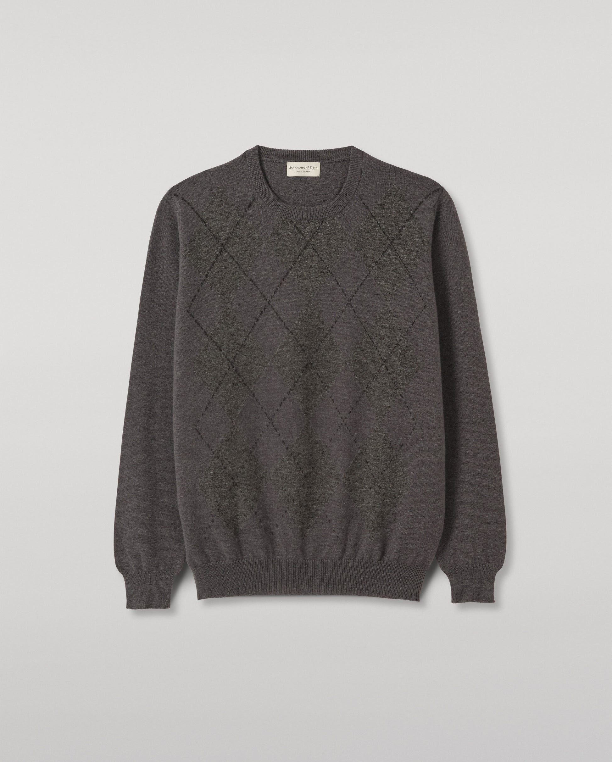 JOHNSTONS OF ELGIN ARGYLL CREW SWEATER CASHMERE ARGYLE INTARSIA CREW NECK SWEATER - 2 PLY GREY 100% CASHMERE KAP05747JU1636