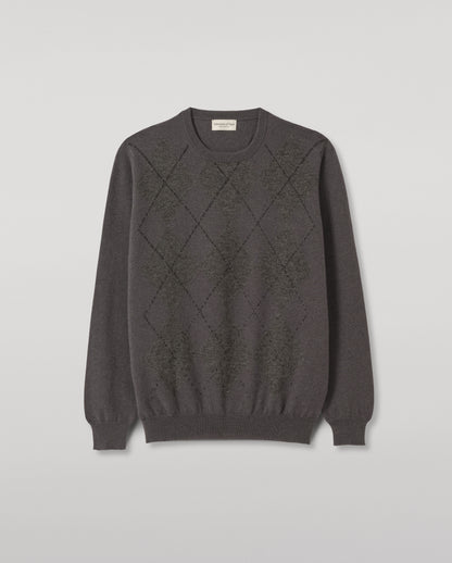 JOHNSTONS OF ELGIN ARGYLL CREW SWEATER CASHMERE ARGYLE INTARSIA CREW NECK SWEATER - 2 PLY GREY 100% CASHMERE KAP05747JU1636