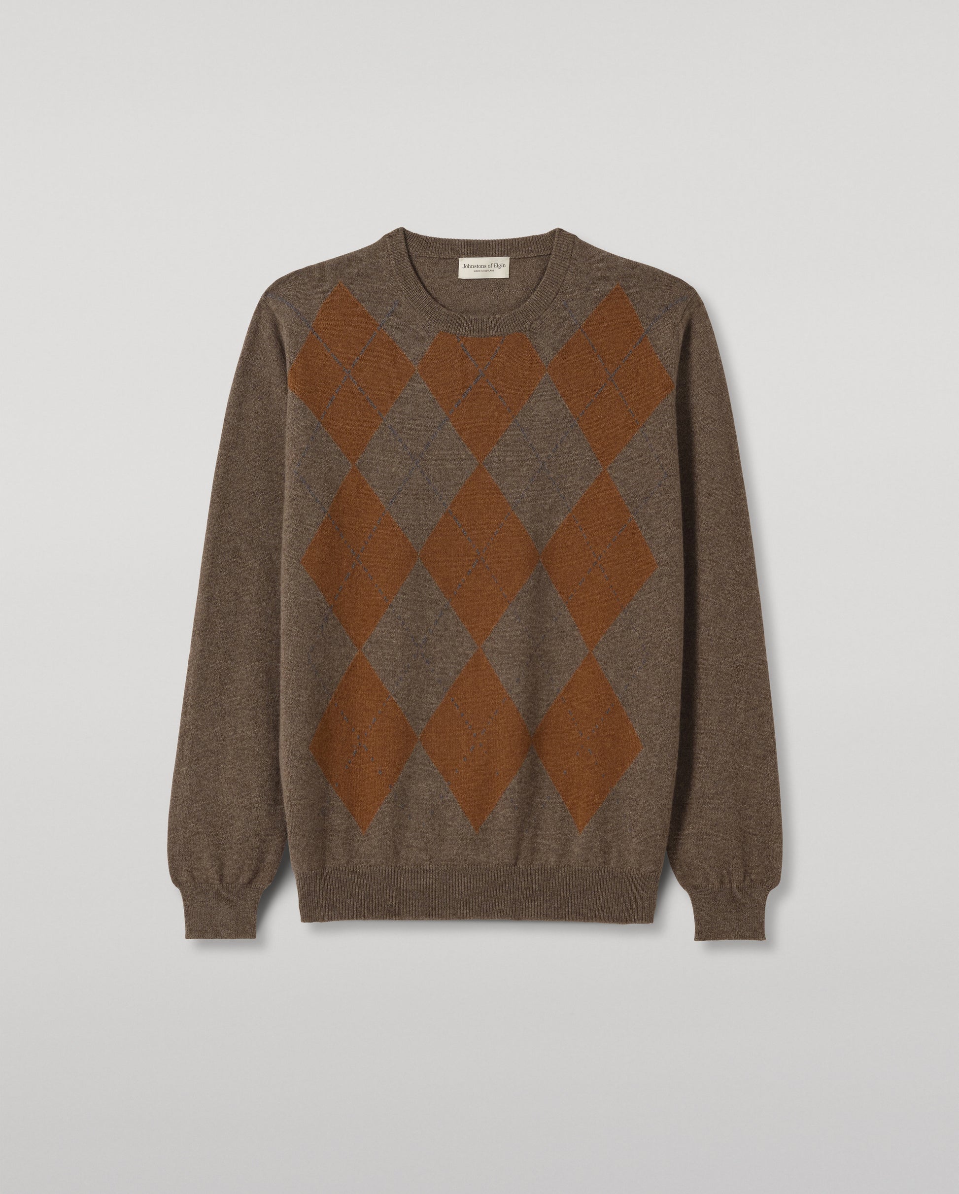JOHNSTONS OF ELGIN ARGYLL CREW SWEATER CASHMERE ARGYLE INTARSIA CREW NECK SWEATER - 2 PLY BROWN 100% CASHMERE KAP05747JU1638