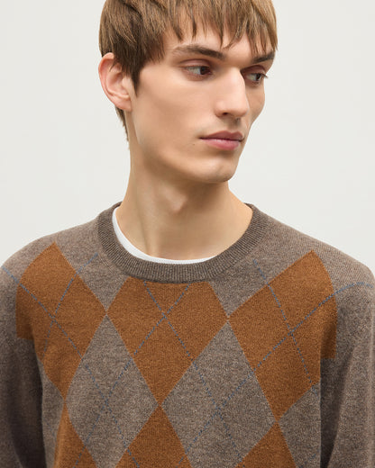 JOHNSTONS OF ELGIN ARGYLL CREW SWEATER CASHMERE ARGYLE INTARSIA CREW NECK SWEATER - 2 PLY BROWN 100% CASHMERE KAP05747JU1638