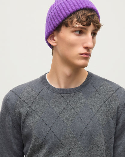 JOHNSTONS OF ELGIN ARGYLL CREW SWEATER CASHMERE ARGYLE INTARSIA CREW NECK SWEATER - 2 PLY GREY 100% CASHMERE KAP05747JU1636
