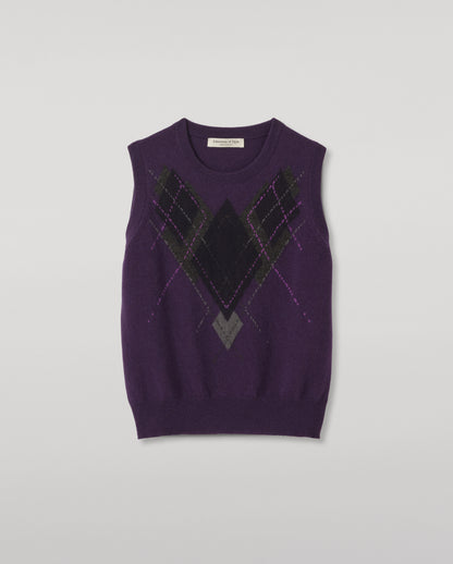JOHNSTONS OF ELGIN LE JABOTS SLEEVELESS CREW PETITE CASHMERE ARGYLE INTARSIA ROUND NECK TANK - 2 PLY PURPLE 100% CASHMERE KAP05766JU1648