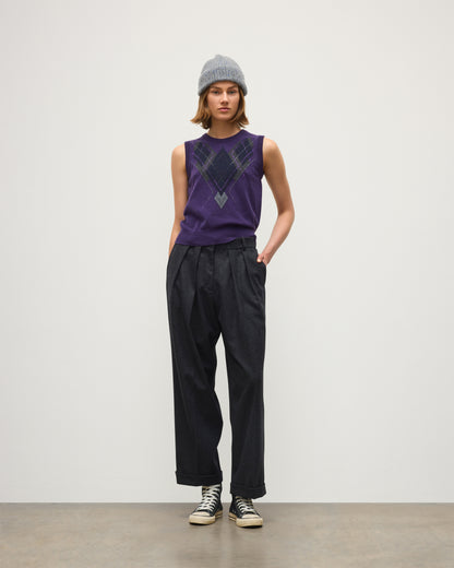 JOHNSTONS OF ELGIN LE JABOTS SLEEVELESS CREW PETITE CASHMERE ARGYLE INTARSIA ROUND NECK TANK - 2 PLY PURPLE 100% CASHMERE KAP05766JU1648