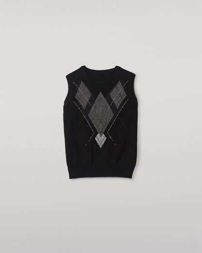 JOHNSTONS OF ELGIN WOMENS ARGYLL LE JABOTS SLEEVELESS CREW BLACK 100% CASHMERE KAP05766JU1609