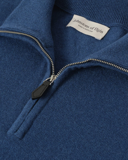 JOHNSTONS OF ELGIN REUBEN HALF ZIP SWEATER CASHMERE ZIP NECK SWEATER - 2 PLY BLUE 100% CASHMERE KAP05961SD5369