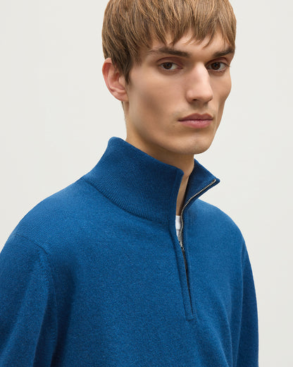JOHNSTONS OF ELGIN REUBEN HALF ZIP SWEATER CASHMERE ZIP NECK SWEATER - 2 PLY BLUE 100% CASHMERE KAP05961SD5369