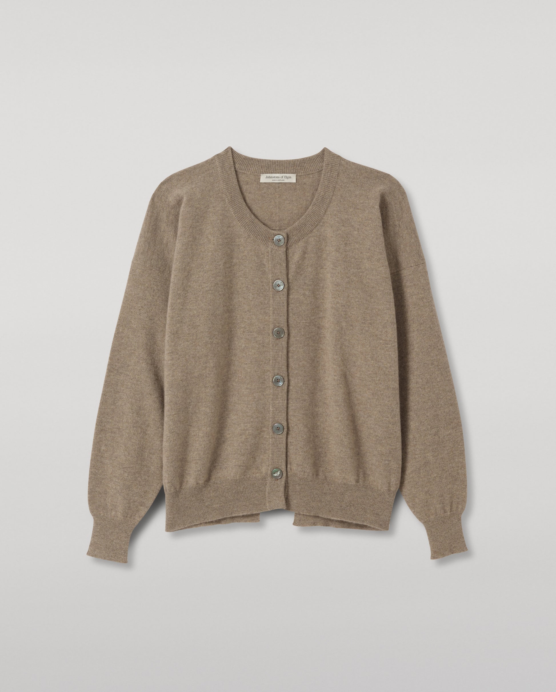JOHNSTONS OF ELGIN JESSIE CREW CARDIGAN CASHMERE ROUND NECK CARDIGAN WITH EXPOSED SEAM DETAIL & CENTRE BACK SPLIT - 2 PLY LIGHT BROWN 100% CASHMERE KAP05988HB4447