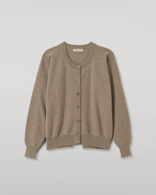 JOHNSTONS OF ELGIN JESSIE CREW CARDIGAN CASHMERE ROUND NECK CARDIGAN WITH EXPOSED SEAM DETAIL & CENTRE BACK SPLIT - 2 PLY LIGHT BROWN 100% CASHMERE KAP05988HB4447