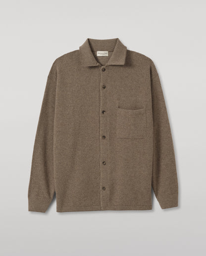 JOHNSTONS OF ELGIN TWEEL SHIRT CASHMERE KNITTED BUTTON THROUGH TWILL STITCH SHIRT - 2 PLY BROWN 100% CASHMERE KAP06007Q26315
